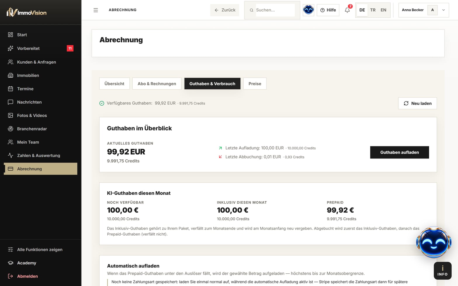 Abrechnung im Dashboard: KI-Guthaben dieses Monats, Prepaid und automatische Aufladung